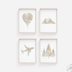 Reise-Thema Kinderzimmer Dekor, Heißluftballon, Flugzeug Wandkunst, Wald und Berge Deko, DIGITAL DOWNLOAD, Weltkarte Drucke, Reise Schlafzimmer
