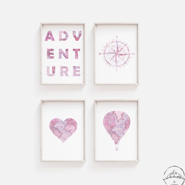 Pink Wall Art, Pink Bedroom Decor, Adventure Wall Prints, Hot Air Balloon, DIGITAL DOWNLOAD, Girls Decoration, Travel Nursery Print