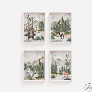 Woodland Animal Nursery Wall Art, Forest Nursery Decor, Mountain Bedroom Prints, DIGITALE DOWNLOAD, Woodland Theme Deco, Fox Print, Wolf Art