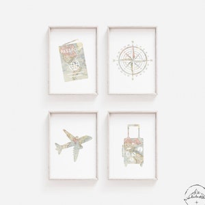 Arte de pared de viaje moderno para habitación de bebé, arte de pared de pasaporte, decoración de habitación de aventura, decoración de hogar de viaje, arte de pared de mapa del mundo, descarga digital, pastel