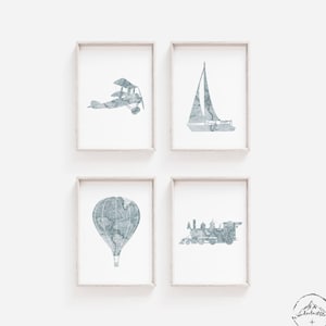 Blau Grau, Kunst fürs Kinderzimmer, Reise-Schlafzimmer-Deko, Weltkarte Wandkunst, DIGITALER DOWNLOAD, Blau Grau fürs Schlafzimmer, Boot, Flugzeug, Heißluftballon