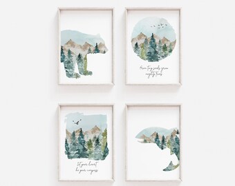 Outdoors Nursery Wall Art, Fishing Prints, Bear And Fish Wall Decor, DIGITAL DOWNLOAD, Woodland Nursery Deco, Mountain Bedroom Print