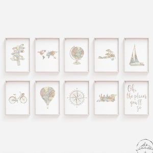 Travel Theme Nursery Decoration, Set Of 10, DIGITAL DOWNLOAD, World Map Nursery Decor, Neutral Kids Bedroom Prints, Pastel Adventure Nursery