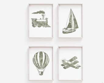 Green Nursery Wall Art, Travel Nursery Decor, Transportation Bedroom Art, Neutral Nursery Deco, DIGITAL DOWNLOAD, Printable Wall Art