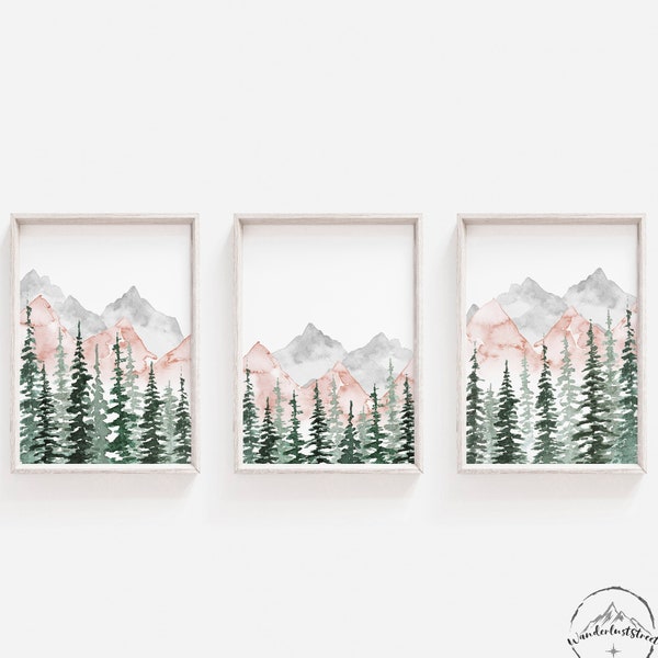 Pink And Grey Nursery Wall Art, Girls Bedroom Decor, Gray Nursery Prints, DIGITAL DOWNLOAD, Woodland Nursery Theme Decor, Mountain Nursery