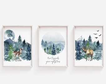 Blue Green Forest Nursery Wall Art, Woodland Nursery Prints, Outdoors Theme Bedroom, DIGITAL DOWNLOAD, Mountain Nursery Decor, Pine Tree Art