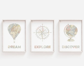 Adventure Bedroom Decor, Travel Bedroom Decoration, Baby Nursery Prints, DIGITAL DOWNLOAD, Hot Air Balloon Wall Art, World Map Printable
