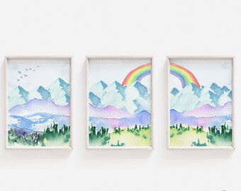 Watercolor Mountain Nursery Wall Art, Woodland Theme Nursery, Nature Bedroom Decor, Rainbow Print, DIGITAL DOWNLOAD, Forest Themed Playroom