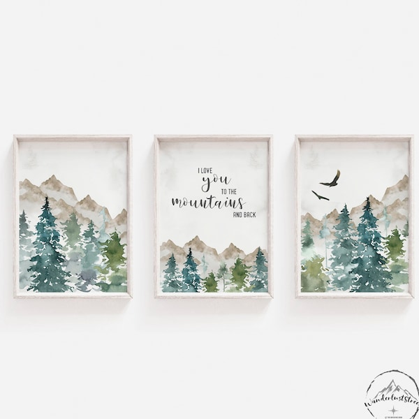 Woodland Nursery Decor, I love You To The Mountains And Back, Mountain Nursery Wall Art, Forest Bedroom Prints, DIGITAL DOWNLOAD, Mountains