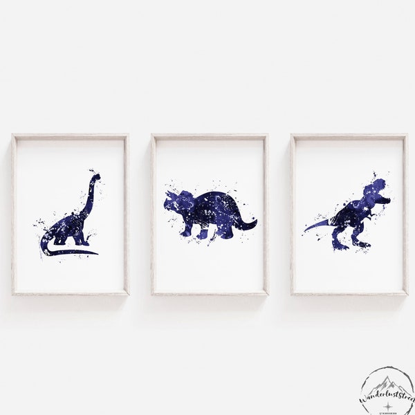 Navy Blue Dinosaur Wall Art, Boys Bedroom Decor, DIGITAL DOWNLOAD, Watercolor Dino Prints, T-Rex Print, Triceratops Art, Dino Nursery Prints