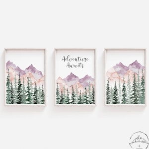 Pink And Purple Nursery Art, Woodland Theme Decor, Forest And Mountain Deco, DIGITAL DOWNLOAD, Set Of 3 Printables, Girls Adventure Nursery
