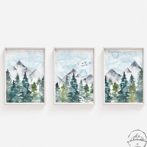 Mountain Scenery Wall Art, Woodland Nursery Prints, Forest Bedroom Decor, Nature Wall Art, DIGITAL DOWNLOAD, Blue and Green and Gray