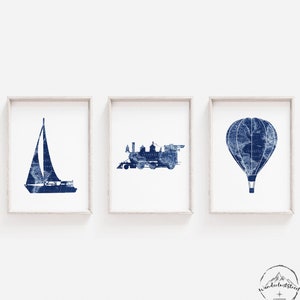 Travel Nursery Wall Art, Transportation Bedroom Decor, Train Print, Hot Air Balloon, Boat Wall Art, DESCARGA DIGITAL, Navy Blue Nursery Deco