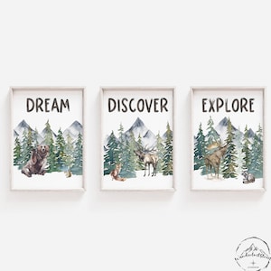 Dream Discover Explore Nursery Wall Art, Woodland Animal Prints, Forest Mountain Nursery, DIGITAL DOWNLOAD, Moose Deer Fox Bear Racoon