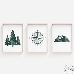 Hunter Green Nursery Wall Art, Forest Nursery Decor, Green Bedroom Prints, DIGITAL DOWNLOAD, Woodland Theme Wall Art, Travel Nursery Print