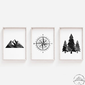 Décor noir et blanc de chambre à coucher de garçons, déco de pépinière d’aventure, art de mur de camping, ensemble d’impression à l’extérieur, téléchargement numérique, thème de chambre à coucher de bois