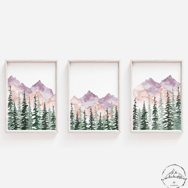 Pink And Purple Forest Nursery Wall Art, Baby Girls Nursery Prints, Mountain And Forest Decor, DIGITAL DOWNLOAD, Natural Nursery Deco
