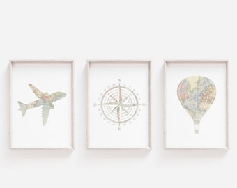 Travel Nursery Decor, Baby Nursery Wall Art, Travel Theme Prints, DIGITAL DOWNLOAD, Adventure Nursery Deco, Airplane Print, Compass Wall Art