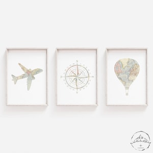 reizen kwekerij decor, baby kwekerij kunst aan de muur, reizen thema prints, digitale download, avontuur kwekerij deco, vliegtuig print, kompas kunst aan de muur