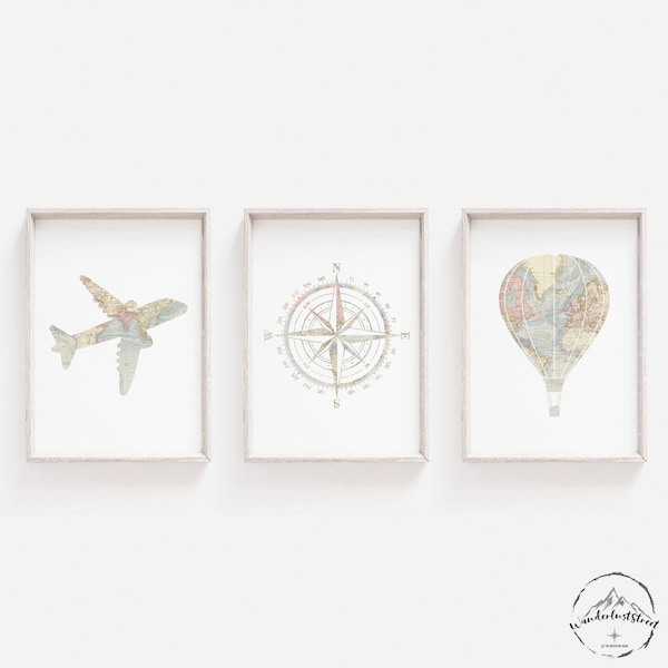 Travel Nursery Decor, Baby Nursery Wall Art, Travel Theme Prints, DIGITAL DOWNLOAD, Adventure Nursery Deco, Airplane Print, Compass Wall Art