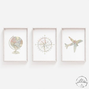 Travel Nursery Set, Set Of 3, Travel Home Decor, DIGITAL DOWNLOAD, Aviation Nursery Theme, World Map Printable, Globe Print, Airplane Art