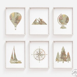 Decoração de berçário de viagem, estampas de berçário de aventura, impressão de balão de ar quente, arte de parede de berçário, berçário de viagem, DOWNLOAD DIGITAL, berçário de mapa mundial