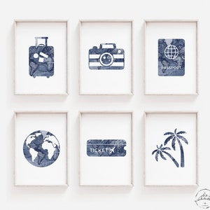 Blaue Reise fürs Kinderzimmer, Tropisches Kinderzimmer Dekor, Minimalistische Kinder Schlafzimmer, Reise Hausdeko, DIGITALER DOWNLOAD, Weltkarte Drucke