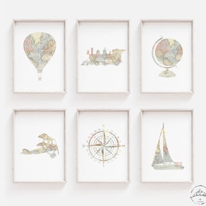 Travel Nursery Decor, Adventure Nursery Wall Art, Hot Air Balloon Print, Train Wall Art, Travel Nursery, Airplane Print, World Map Nursery image 1