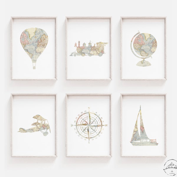 Travel Nursery Decor, Adventure Nursery Wall Art, Hot Air Balloon Print, Train Wall Art, Travel Nursery, Airplane Print, World Map Nursery