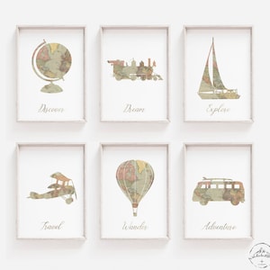 Travel Wall Art, Wanderlust Nursery Theme, World Map Prints, DIGITAL DOWNLOAD, Airplane, Boat, Hot Air Balloon, Hippie Bus, Globe, Train