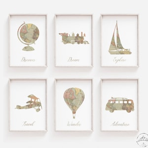 Art mural de voyage, Thème Wanderlust Nursery, Impressions de cartes du monde, TÉLÉCHARGEMENT NUMÉRIQUE, Avion, Bateau, Montgolfière, Bus hippie, Globe, Train