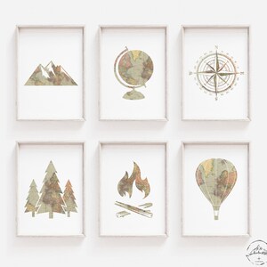 Arte de parede de berçário ao ar livre, impressões de berçário de viagem, decoração de tema de quarto natural, DOWNLOAD DIGITAL, decoração de tema de floresta, arte de mapa mundial vintage