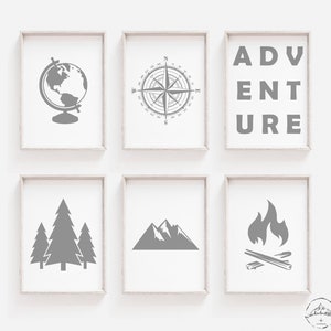Grey Adventure Nursery Wall Art, Gray Outdoors Bedroom Prints, Travel Theme Decor, Woodland Nursery Deco, DIGITAL DOWNLOAD, Printable Art