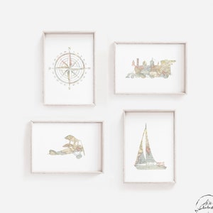 Travel Nursery Wall Art, Transportation Bedroom Decor, Plane Train Boat Print, Compass Print, DESCARGA DIGITAL, Nursery Set, Mapa del mundo