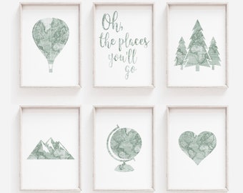 Green Adventure Wall Art, Green Forest Bedroom Prints, DIGITAL DOWNLOAD, Travel Nursery Decor, Travel Bedroom Prints, Mountain Nursery Art