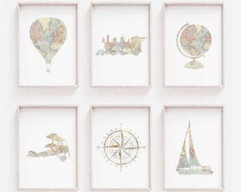 Travel Nursery Decor, Adventure Nursery Wall Art, Hot Air Balloon Print, Train Wall Art, Travel Nursery, Airplane Print, World Map Nursery