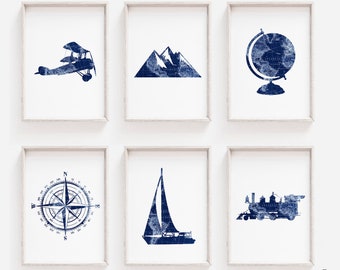 Navy Blue Travel Nursery Wall Art, Blue Travel Bedroom Decor, World Map Wall Art, DIGITAL DOWNLOAD, Set of 6 Printables, Boys Bedroom Prints