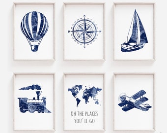 Navy Blue Travel Theme Nursery Wall Art, Travel Nursery Decor, Boys Nursery Prints, DIGITAL DOWNLOAD, Train Print, Hot Air Balloon Art