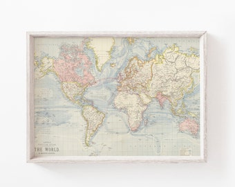 World Map Wall Art, Nursery Wall Print, Nursery Printable Map, Travel Nursery Wall Art, DIGITAL DOWNLOAD, Wanderlust Wall Art, Old Map Print