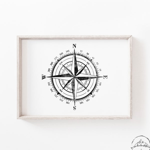 Black And White Compass Print, Travel Wall Art, Travel Nursery Decor, DIGITAL DOWNLOAD, Black Nursery Decor, Compass Home Decoration