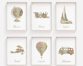 Travel Wall Art, Wanderlust Nursery Theme, World Map Prints, DIGITAL DOWNLOAD, Airplane, Boat, Hot Air Balloon, Hippie Bus, Globe, Train