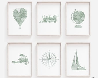 Sage Green Travel Nursery Wall Art, Travel Bedroom Decor, Hot Air Balloon Print, DIGITAL DOWNLOAD, Airplane Deco, Transportation Prints