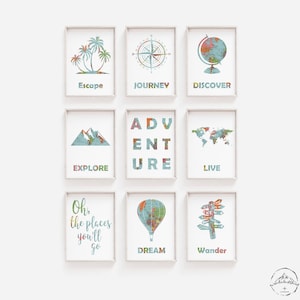 Carte du monde Nursery Wall Art, Impressions aux couleurs vives, TÉLÉCHARGEMENT NUMÉRIQUE, Thème Aventure Nursery, Décor de thème de voyage, Intemporel Kids Bedroom Art