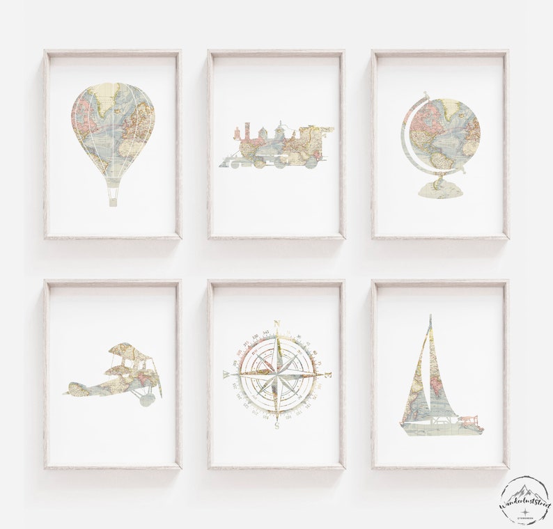 Travel Nursery Decor, Adventure Nursery Wall Art, Hot Air Balloon Print, Train Wall Art, Travel Nursery, Airplane Print, World Map Nursery image 1