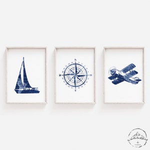 Marineblau Kinderzimmer Wandkunst, Boot, Kompass, Flugzeug, DIGITAL DOWNLOAD, Jungen Kinderzimmer Drucke, Jungen Schlafzimmer Dekor, Dunkelblau Deco