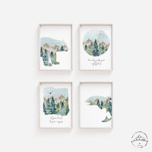 Outdoors Nursery Wall Art, Fishing Prints, Bear And Fish Wall Decor, TÉLÉCHARGEMENT NUMÉRIQUE, Woodland Nursery Deco, Mountain Bedroom Print