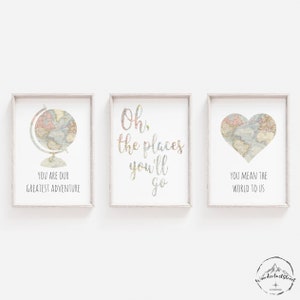 Reizen kinderkamer decor, je betekent de wereld voor ons, je bent ons grootste avontuur, digitale DOWNLOAD, wereldkaart prints, peuter slaapkamer kunst aan de muur