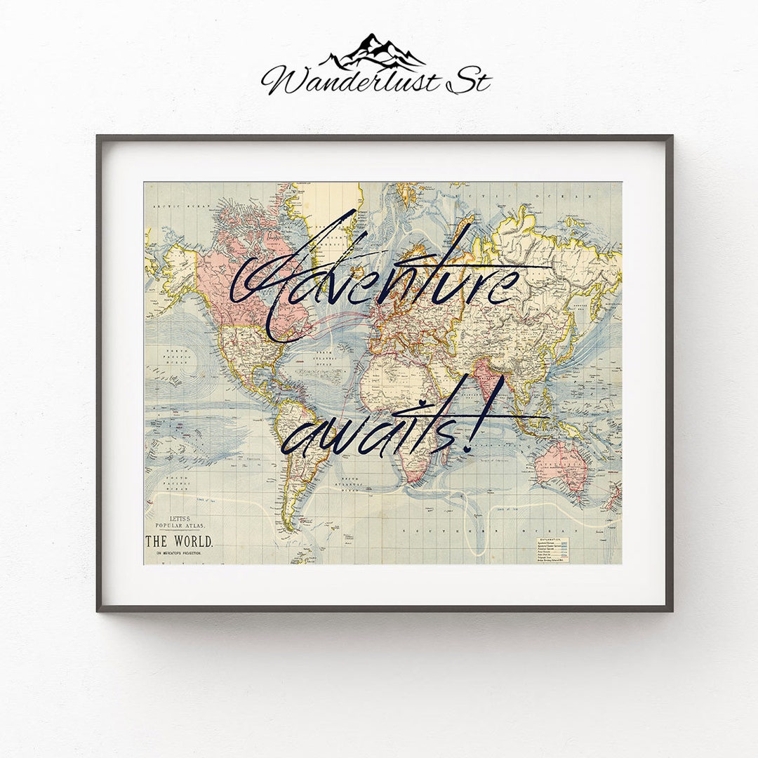 Adventure Awaits Art, Worldmap Wall Art, Travel Nursery Print, DIGITAL