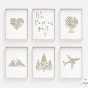 Weltkarte Reise, Kinderzimmer Poster, Abenteuer Schlafzimmer Thema, DIGITALE DOWNLOADS, Globus, Flugzeug, Drei, Berge, Herz, Wald Kunst