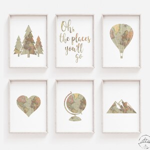 Vintage Wereldkaart Kwekerij Wall Art, Reizen Slaapkamer Thema Decor, Avontuur Kwekerij Prints, DIGITALE DOWNLOAD, Bergen En Pijnbomen, Globe